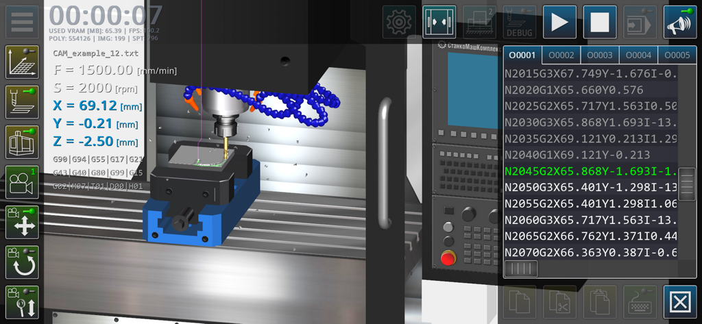 Interfaz de la aplicación Simulador CNC VMC que muestra simulación de fresado 3D y editor de G-code