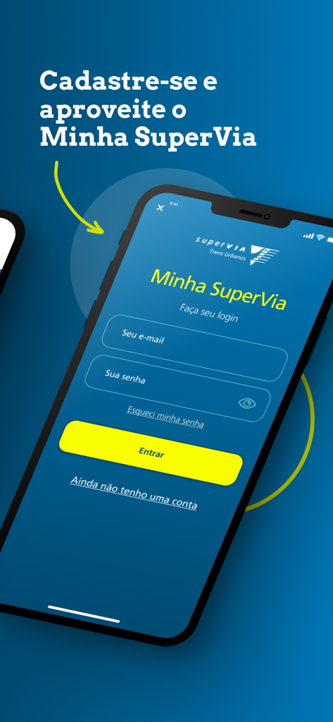 The login and registration screen for the SuperVia suburban rail app.