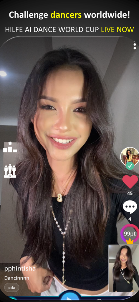 A young woman participating in a global dance challenge on the HILFE AI app