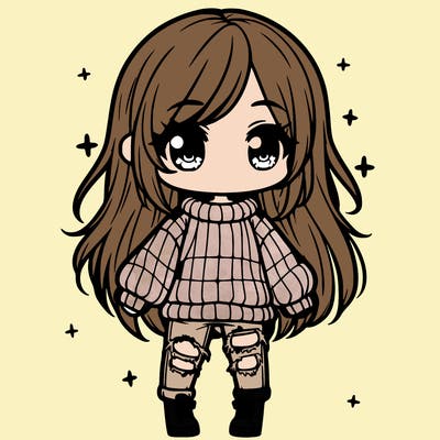 chibi girl with ripped jeans,long hair, and an oversized sweater