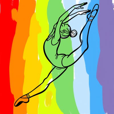 gymnast doing a leap in a leotard with a bent back leg