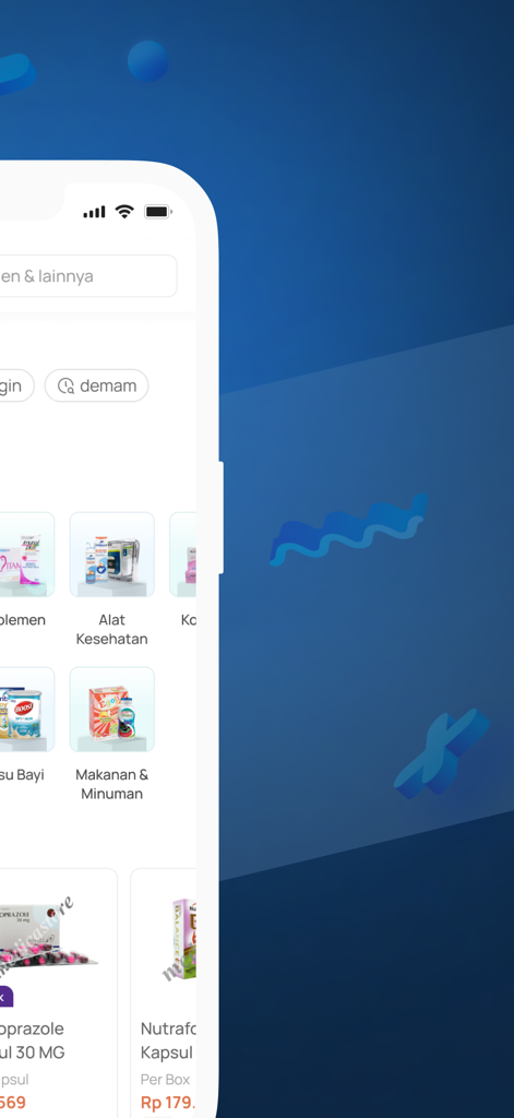 Medicastore - Interface of the Medicastore mobile app showing categories like health equipment, baby supplies, and food and beverages.