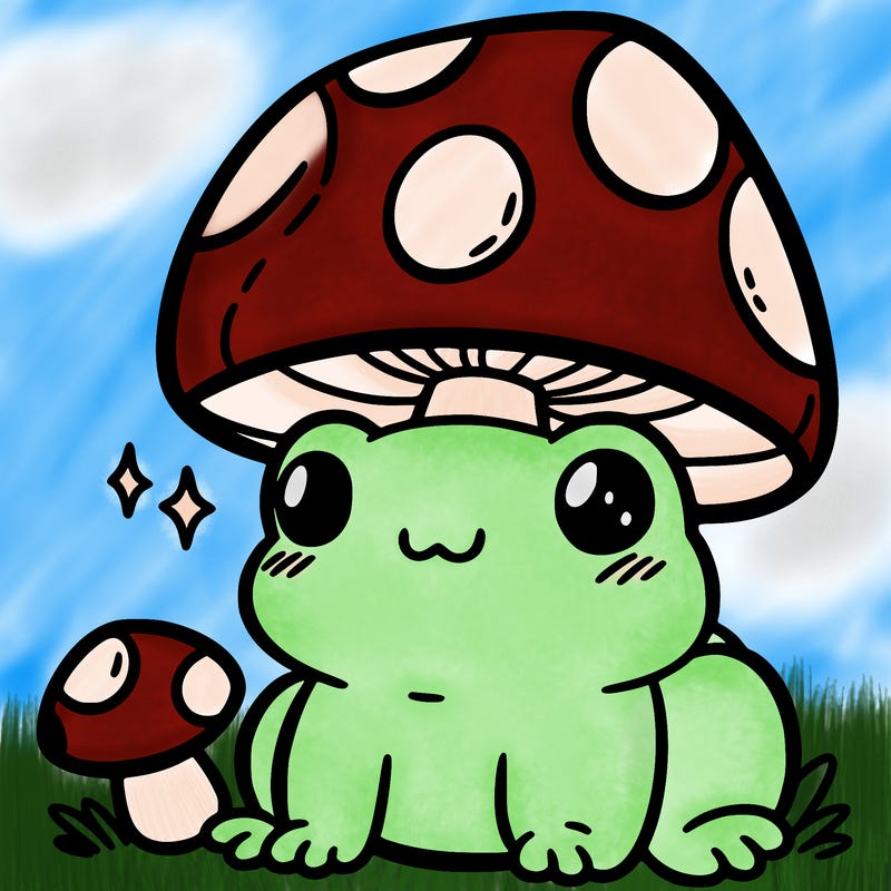 a cute frog with a mushroom hat
