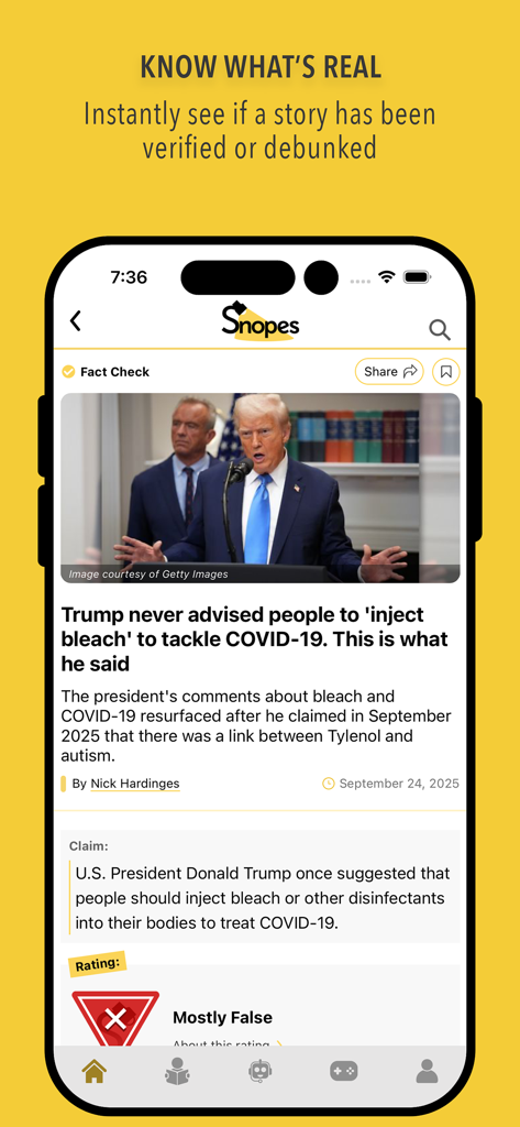 Snopes - Snopes app interface displaying a fact check article with a Mostly False rating