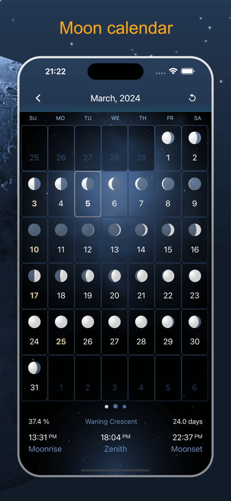 Deluxe Moon Pro • App & Widget - Deluxe Moon Pro app interface showing a monthly moon phase calendar for March 2024 with detailed lunar data like moonrise and moonset times