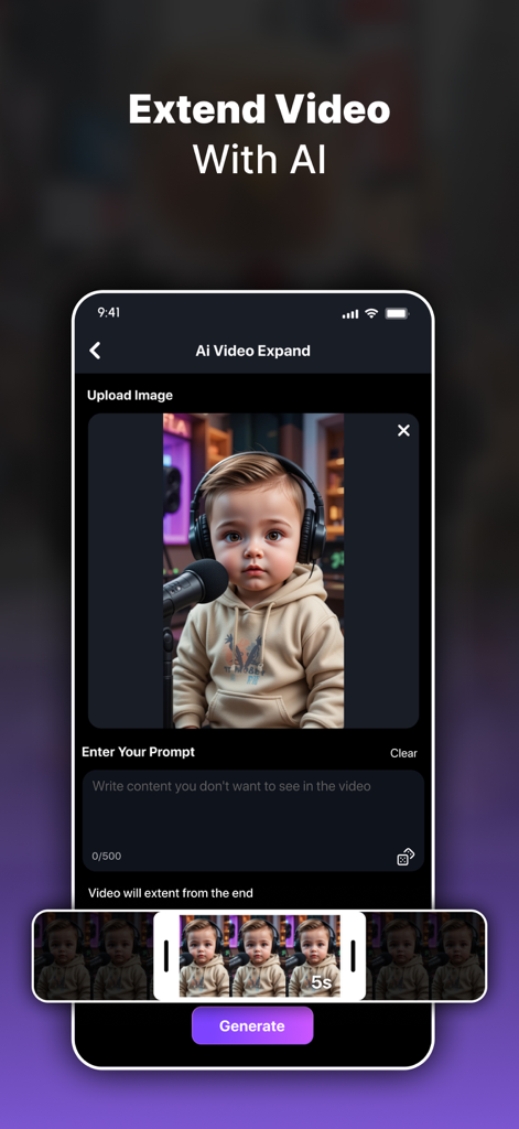 AI Video Generator - Visuals - Mobile app interface showing the AI video expansion tool with a prompt input and image upload