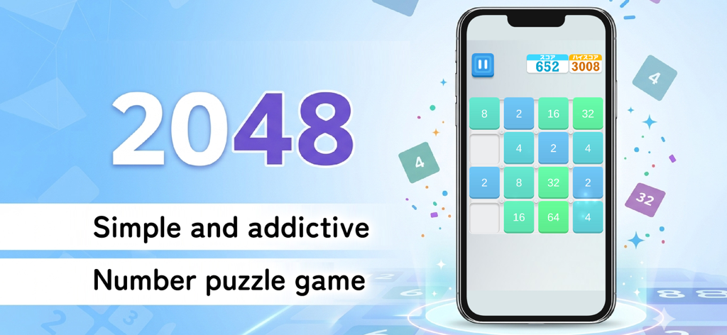 Number Puzzle Game for 2048 - Interfaz del clásico juego de puzzle de números 2048 mostrada en la pantalla de un smartphone
