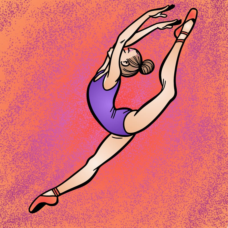 gymnast doing a leap in a leotard with a bent back leg