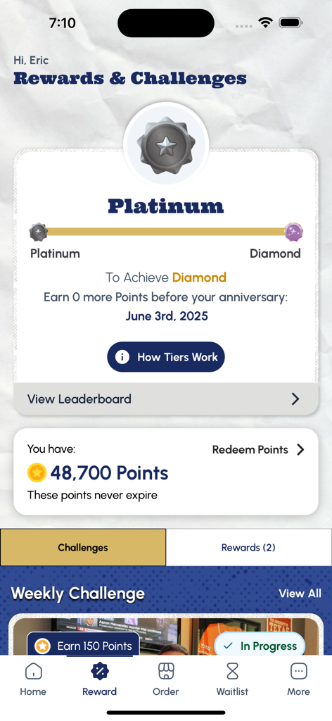 Rewards and challenges screen in the Pluckers Club app showing platinum tier and points balance