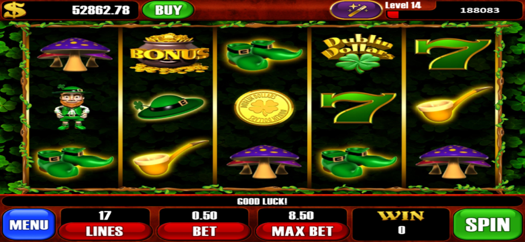 Jugabilidad de la máquina tragaperras temática irlandesa Dublin Dollars en la aplicación Slot Magic.