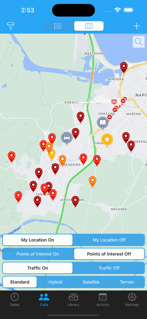 ServicePlanner app map view displaying color-coded pins for contact management and field ministry
