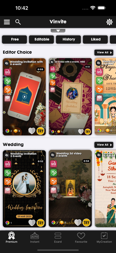 Video Invitation Maker Ecards - Vinviteアプリのインターフェースで、結婚式やイベント用のビデオ招待状テンプレートが表示されています