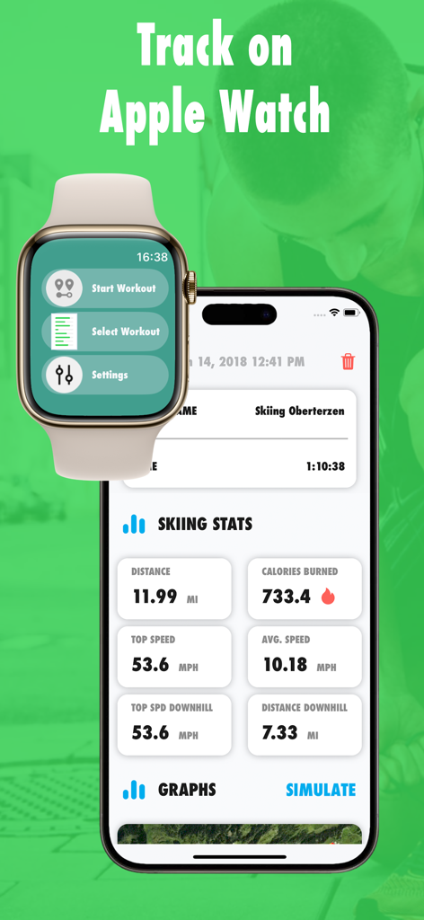@Tracker: Outdoor GPS & Strava - Outdoor GPS tracker app showing skiing statistics on iPhone and workout menu on Apple Watch