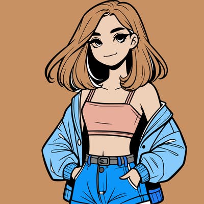 a realistic girl with a crop top and short shorts in an open jacket