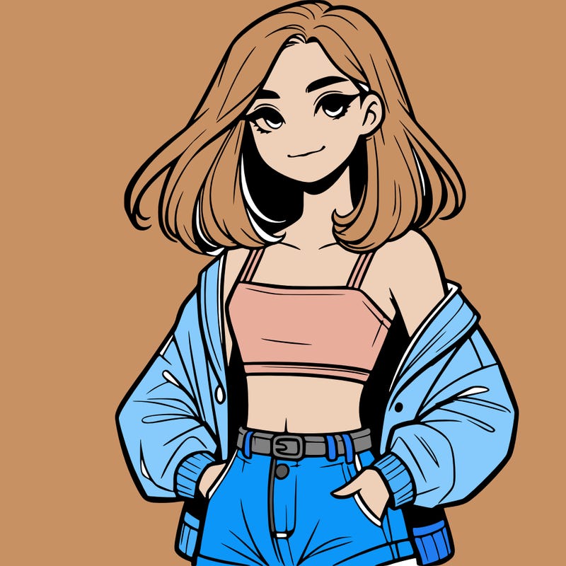 a realistic girl with a crop top and short shorts in an open jacket