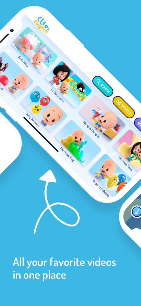 Cuquin - Baby Songs & Cartoons - Pantalla móvil de la aplicación Cuquin que muestra una biblioteca de videos educativos de canciones infantiles y dibujos animados para niños pequeños.