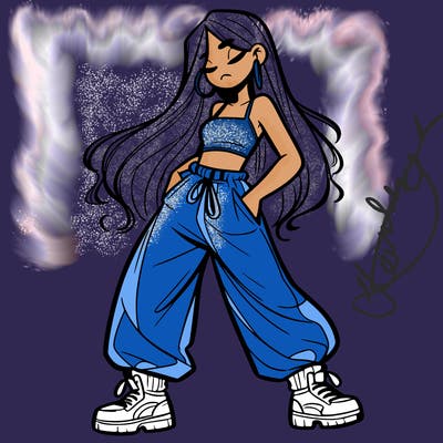 girl in baggy pants crop top and long hair