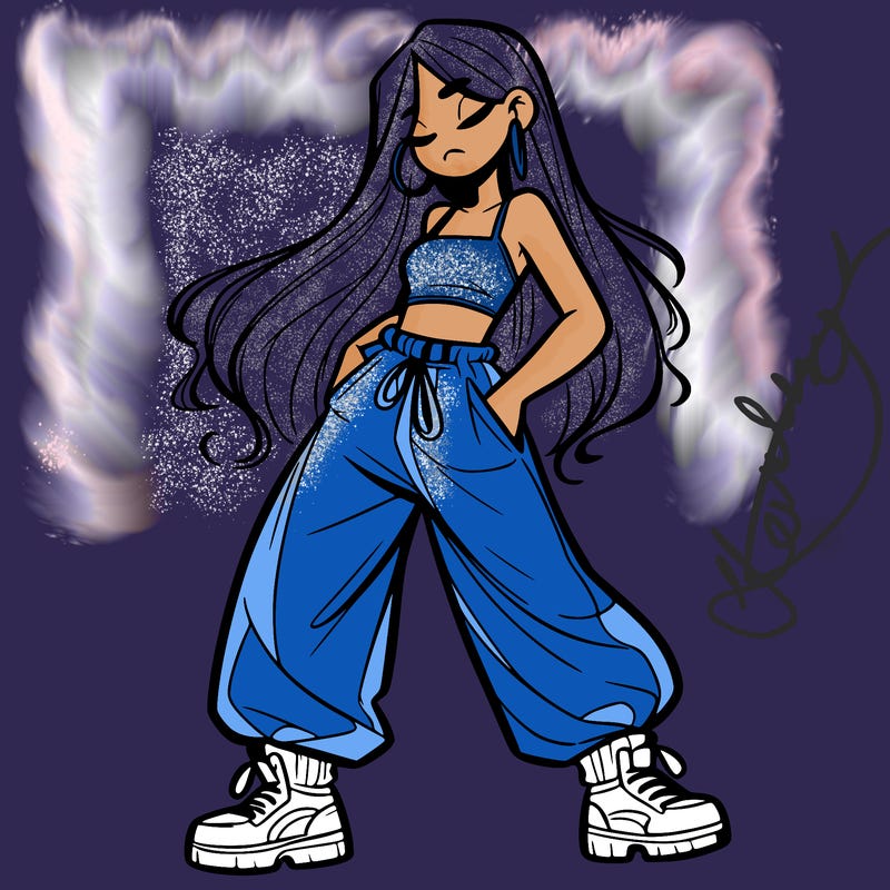 girl in baggy pants crop top and long hair