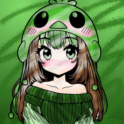 anime girl with chick shaped hat with sweater with bare shoulders with bangs covering them one eye with low tail