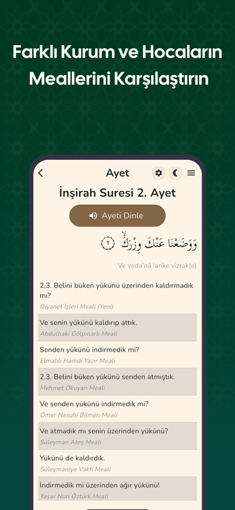 Ayet Online – Kur’an-ı Kerim - Interfaz móvil de la aplicación Ayet Online que muestra múltiples traducciones turcas para un versículo del Corán