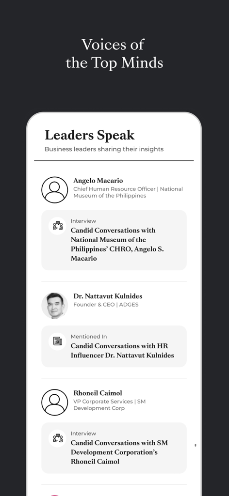 Interface de l'application montrant la section Les Dirigeants Parlent avec des aperçus d'experts RH d'Asie du Sud-Est