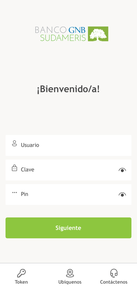 Banca Móvil GNB Sudameris - Pantalla de inicio de sesión de Banca Móvil GNB Sudameris con campos de nombre de usuario, contraseña y PIN