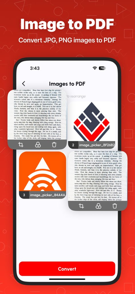 Merge PDF - Combine PDF - Interfaz de la aplicación móvil que muestra el proceso de conversión de imágenes JPG y PNG en un documento PDF.