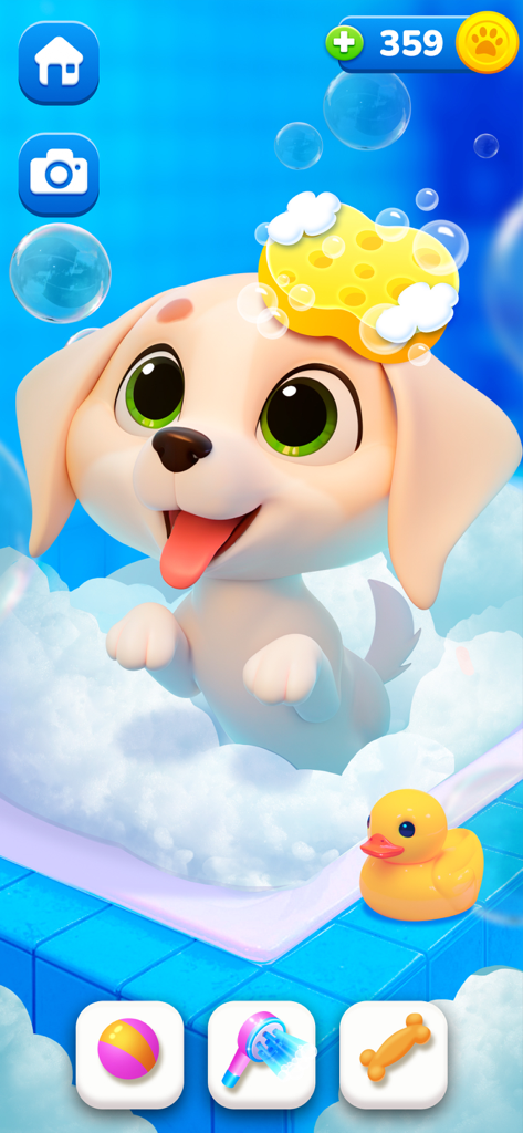 My Virtual Dog - Archie - Archie, o filhote feliz, tomando um banho de espuma com bolhas e um pato de borracha em um simulador de animal de estimação virtual.