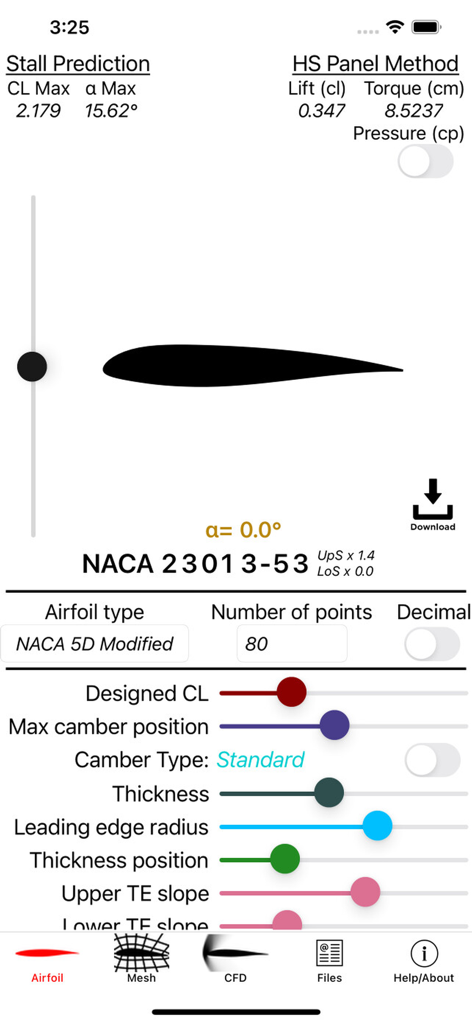 Airfoil Design - Interface do aplicativo Airfoil Design mostrando um perfil de asa modificado NACA com controles deslizantes de ajuste para cambra e espessura.
