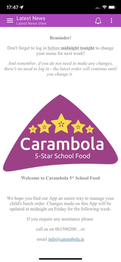 CARAMBOLA - Carambola App-Bildschirm mit einer Erinnerung an eine Menüänderung für Schulmahlzeiten