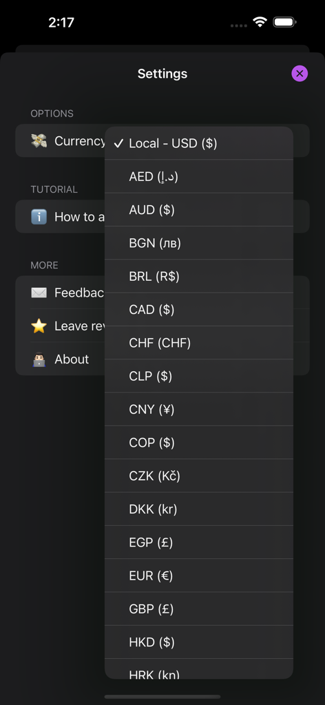 Add to Wishlist for AppStore - Menú desplegable de selección de moneda dentro de la configuración de la aplicación Añadir a la Lista de Deseos para AppStore.