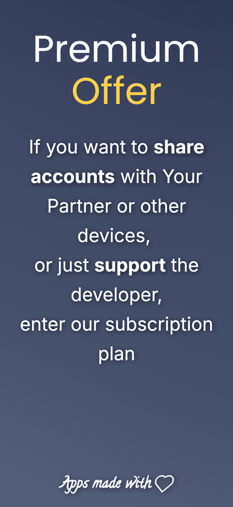 My treasury - Premium offer screen for My treasury app explaining benefits like sharing accounts with partners and supporting the developer.