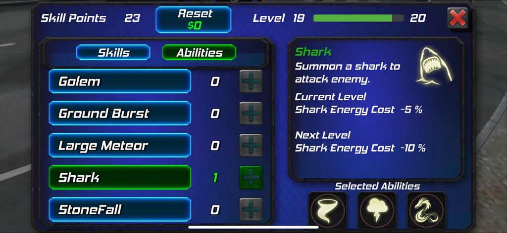 Amazing Rope Police - Menú del juego de Amazing Rope Police que muestra las habilidades y capacidades del personaje, incluido el ataque de invocación de tiburón