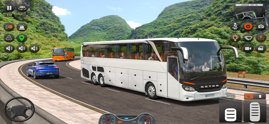 Gameplay screenshot of Urban City Passenger Bus Game showing a white bus driving on a scenic mountain road
