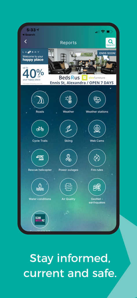 The Central App - 도로 상황, 날씨, 스키 정보 및 지역 안전 알림 아이콘을 표시하는 The Central App 보고 메뉴