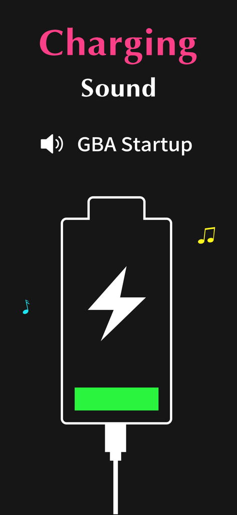 Charging Sound app interface showing GBA Startup sound effect selection for phone charging