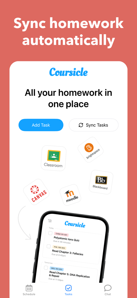 Coursicle app screen showing homework tasks synced from Canvas and Blackboard into one place