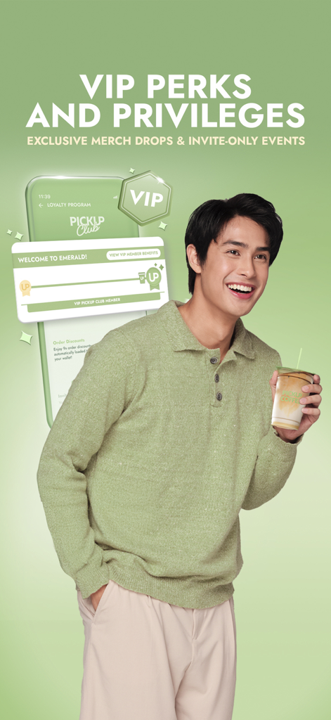 PICKUP COFFEE - A smiling man holding an iced coffee next to a mobile phone displaying the PICKUP COFFEE VIP loyalty program interface