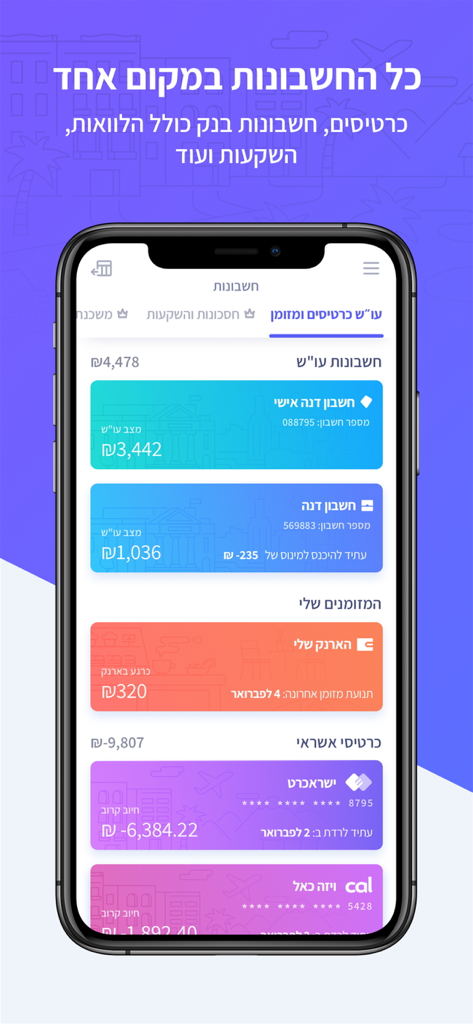 פשוט לשלוט בכסף - MyFinanda - A mobile dashboard from the MyFinanda app showing aggregated Israeli bank accounts, credit cards and cash balances in Hebrew