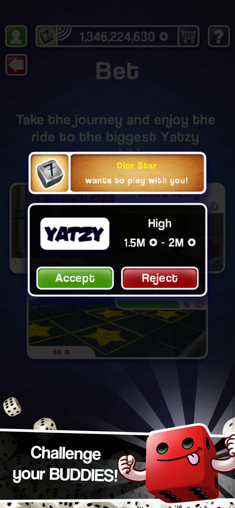 Yatzy Ultimate - Social challenge request screen in Yatzy Ultimate showing a multiplayer game invitation