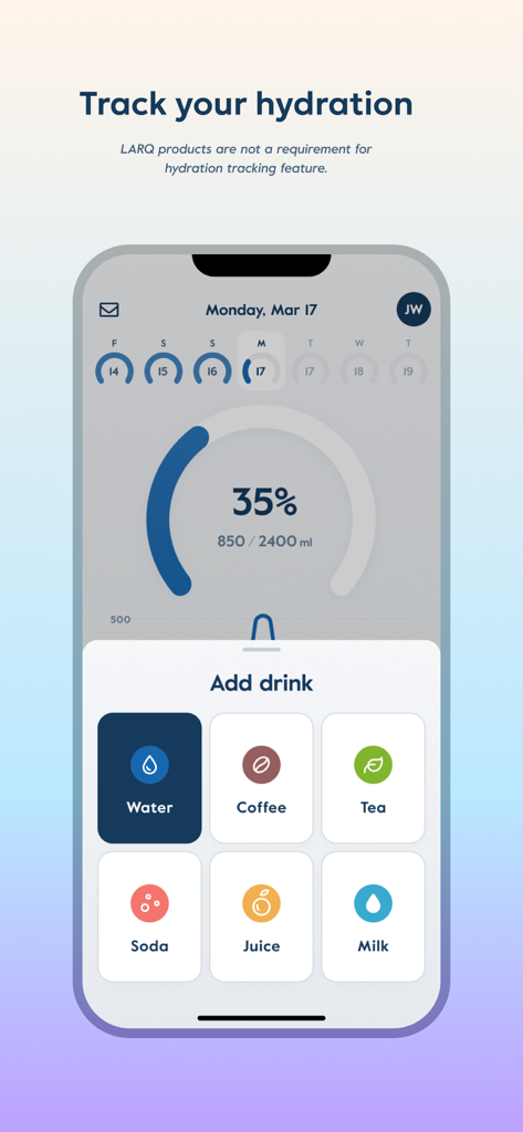 LARQ - The LARQ app hydration tracker showing a daily intake progress circle at 35 percent and a menu to add various drinks like water coffee and tea