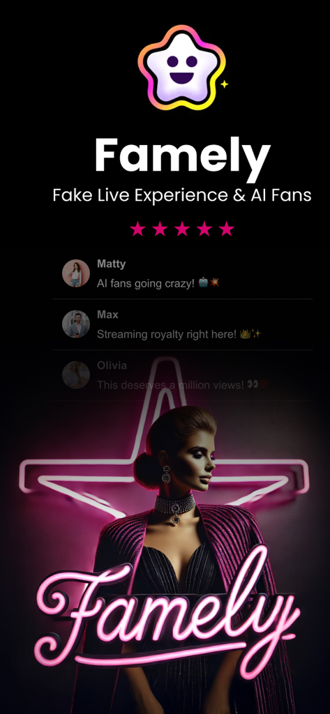 Famely - AI Fake Stream Prank - Famely app preview showing fake live stream interface and AI fan comments