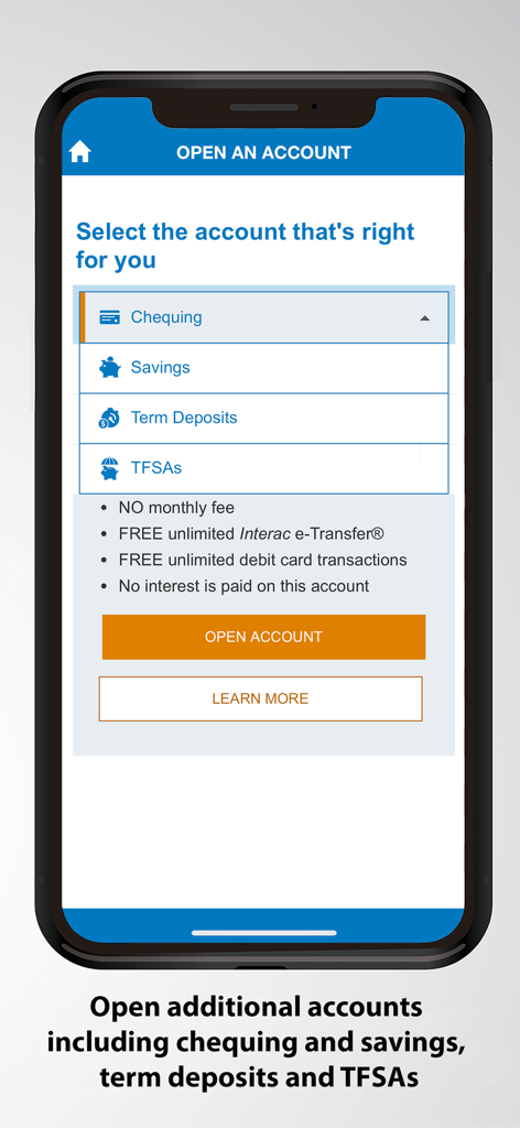 Valley First mobile app screen showing options to open chequing and savings accounts