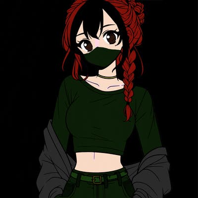manga girl with a braided bun and long hair wearing a crop top and jeans
