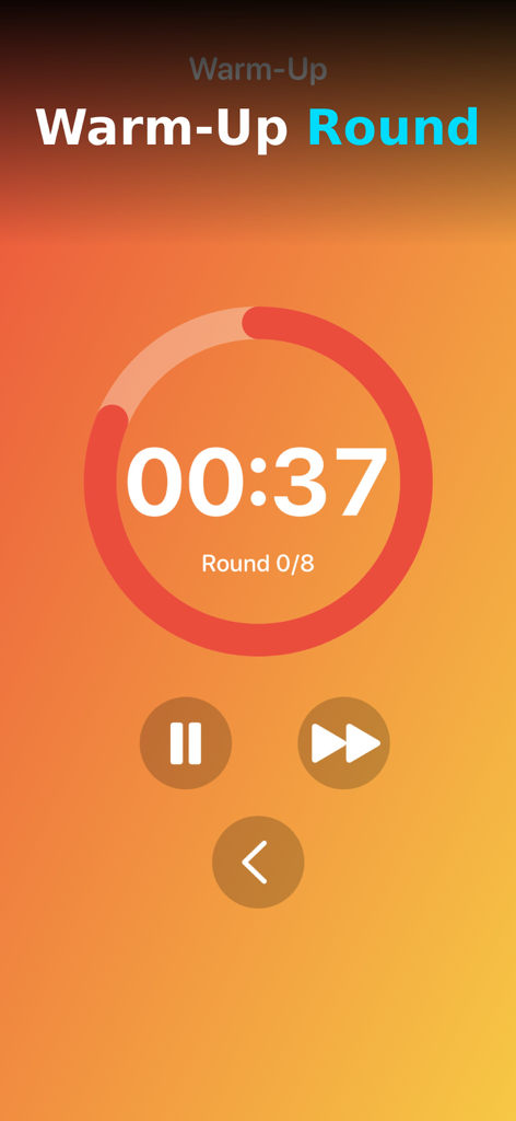 Interval Timer - HIIT, Tabata - Pantalla de ronda de calentamiento con un temporizador de cuenta regresiva circular.