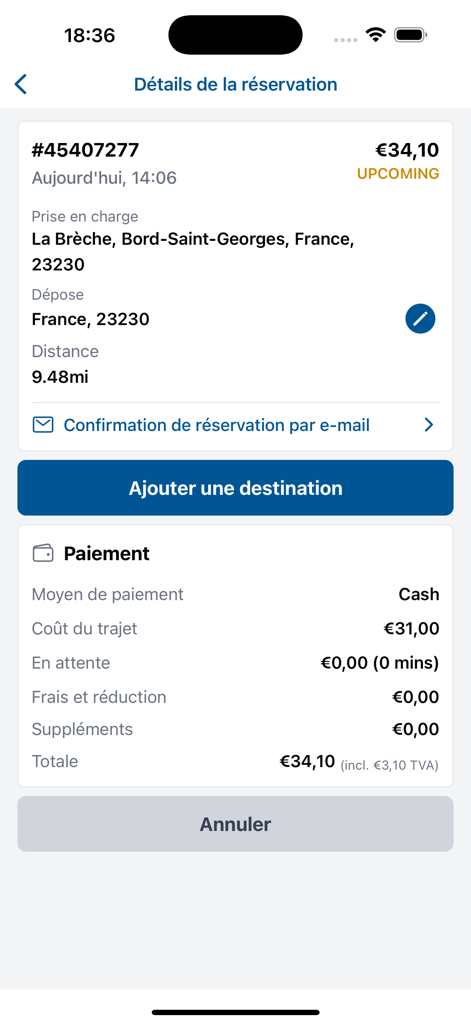 iGO Mobilite - Pantalla de la aplicación iGO Mobilite mostrando los detalles de la reserva del taxi, incluido el precio y la ubicación de recogida