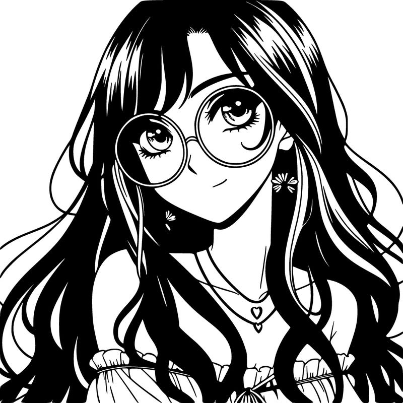 anime hippy woman, beautiful, long dark hair and round glasses