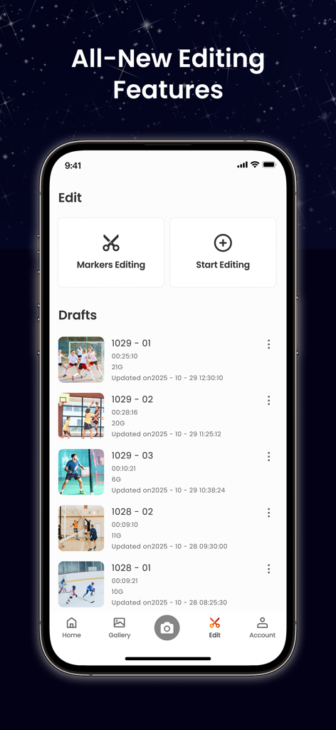 XbotGo - Schermata dell'app mobile XbotGo che mostra funzionalità di editing video e un elenco di bozze di partite sportive per calcio, basket e tennis