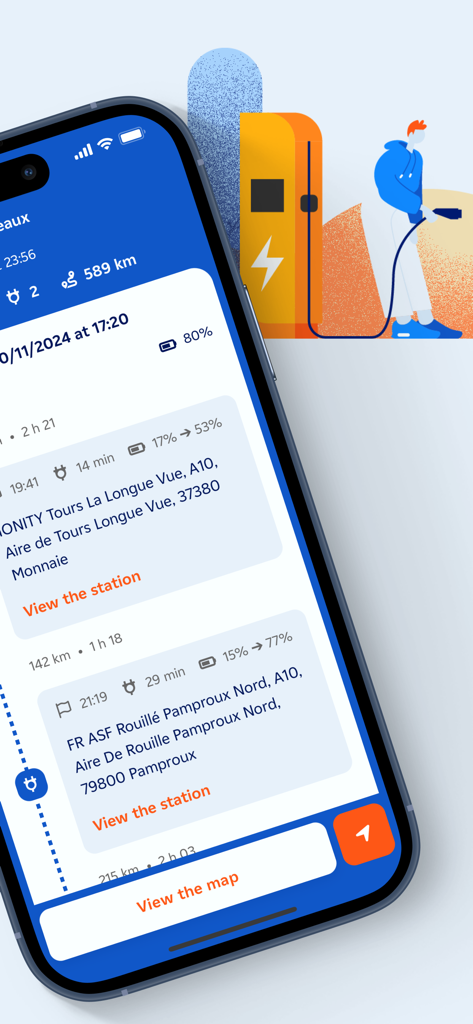 A mobile screen showing the IZIVIA app with a planned electric vehicle route including charging stops and battery level predictions.