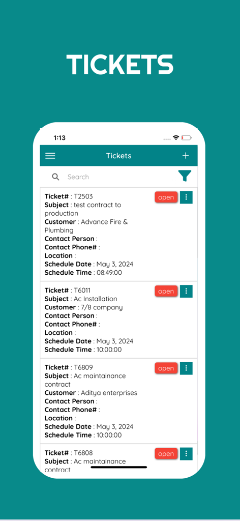 EzyBooks - La interfaz de emisión de tickets de la aplicación EzyBooks que muestra solicitudes de servicio abiertas